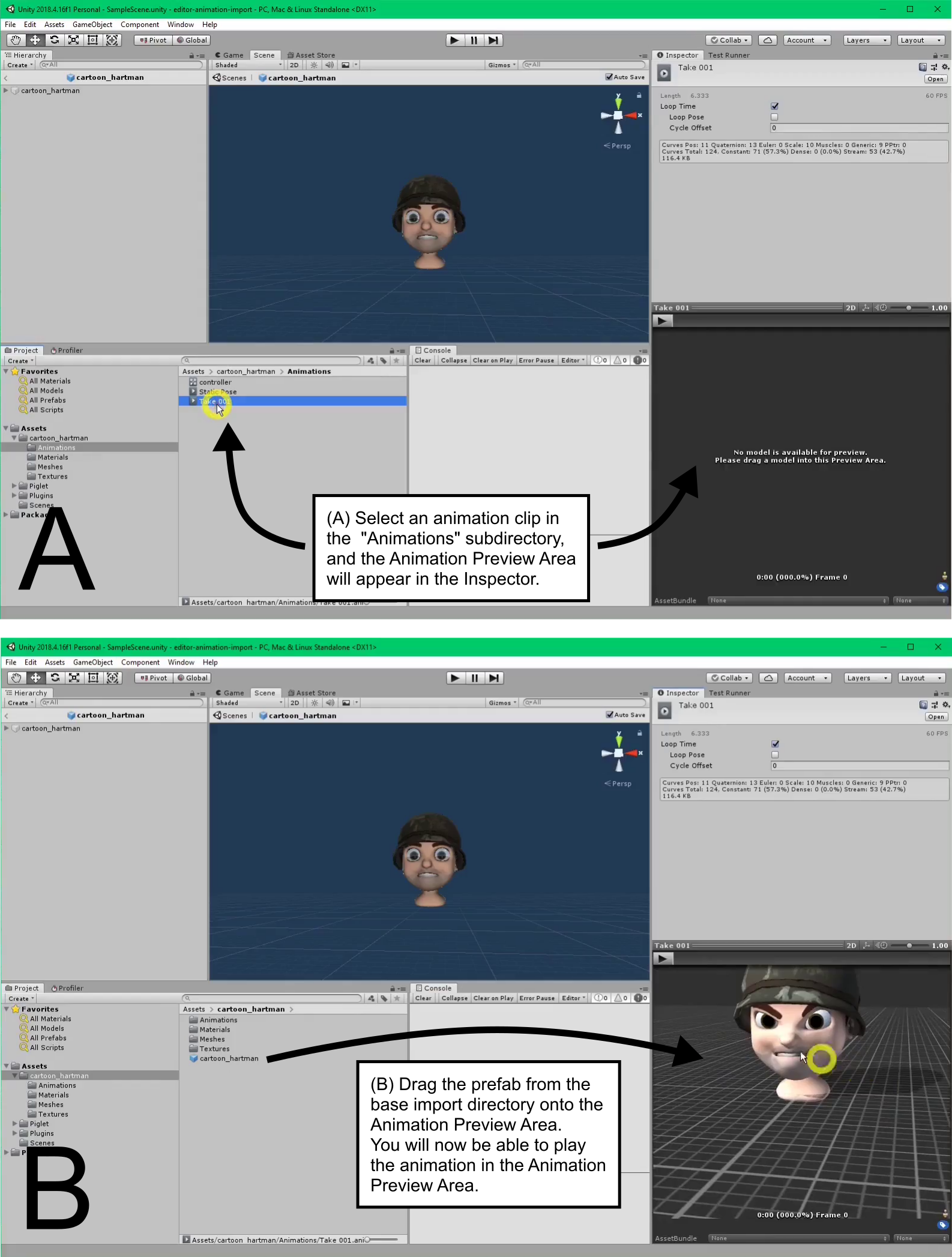 Figure 3: Previewing an animation clip in the Editor. (A) The user selects an animation clip in the “Animations” subdirectory, causing the Animation Preview Area to appear in the Inspector (bottom right). (B) The user drags the prefab for the model from the main import directory onto the Animation Preview Area, in order to associate the model with the animation clip. Having established this link, the user is able to preview the animation by clicking the Play button in the Animation Preview Area. Attribution: These screenshots depict the “Cartoon Hartman” model by Willy Decarpentrie, skudgee@sketchfab, CC Attribution License.