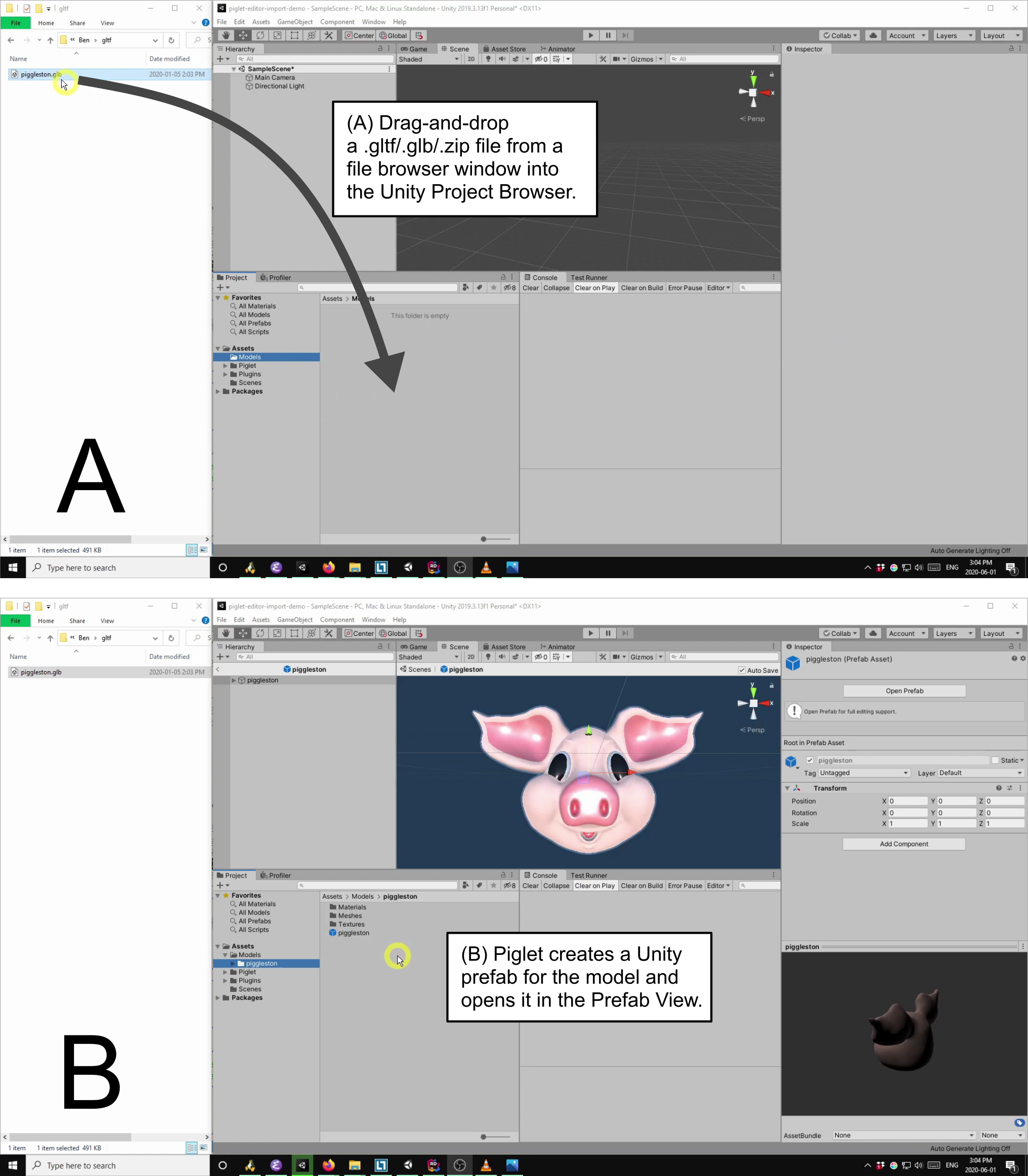 Figure 1: Importing a glTF file via drag-and-drop. (A) The user drags-and-drops a .gltf/.glb/.zip file from Windows File Explorer to the Unity Project Browser window. (B) Piglet creates a Unity prefab for the model and opens it in the Scene View.