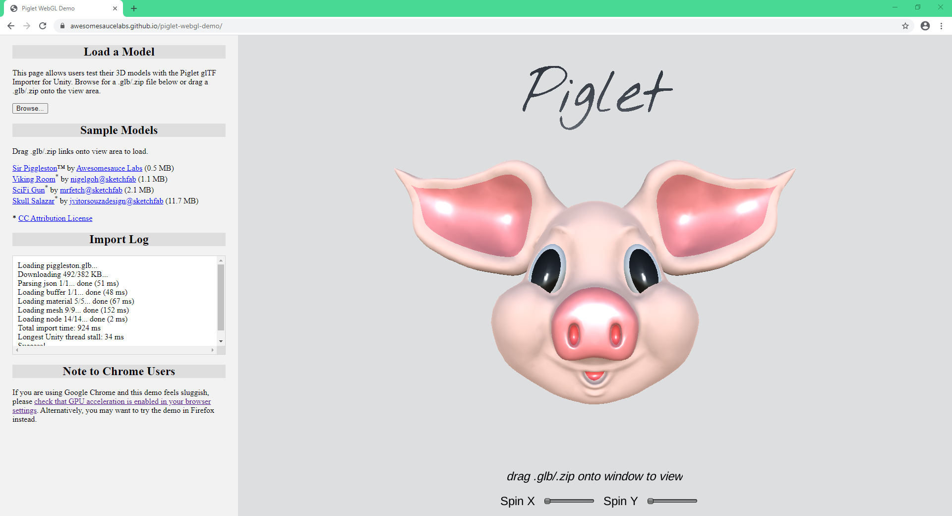 Figure 8: A screenshot of PigletViewer, a sample application which uses Piglet to view 3D models from glTF files.